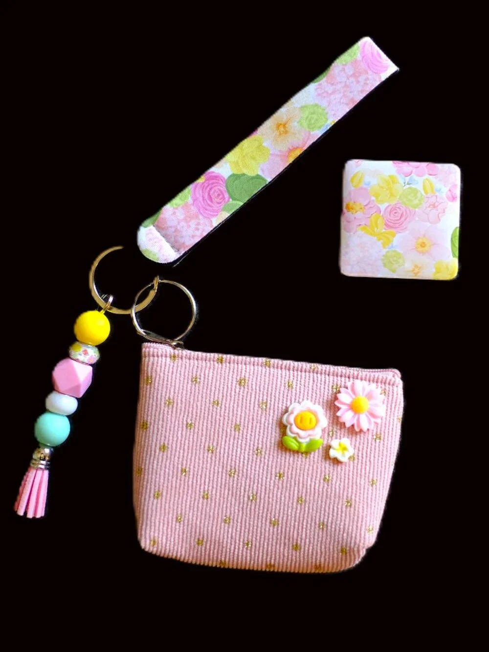 Handmade Pink & Yellow Floral Matching Lanyard Set, pouch, key, gift, beads